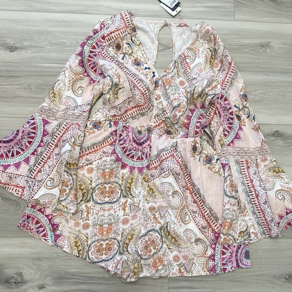 Guess Kali Paisley Cutout Long Sleeve Linen Romper L - Picture 4 of 8